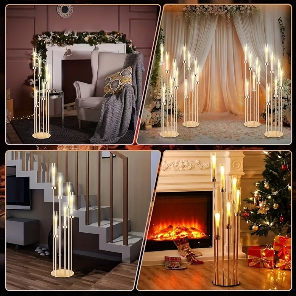Floor Candelabra 6-Arm 46 Inch Gold Metal Candlestick Set with 12pcs LED Candles & Acrylic Shades