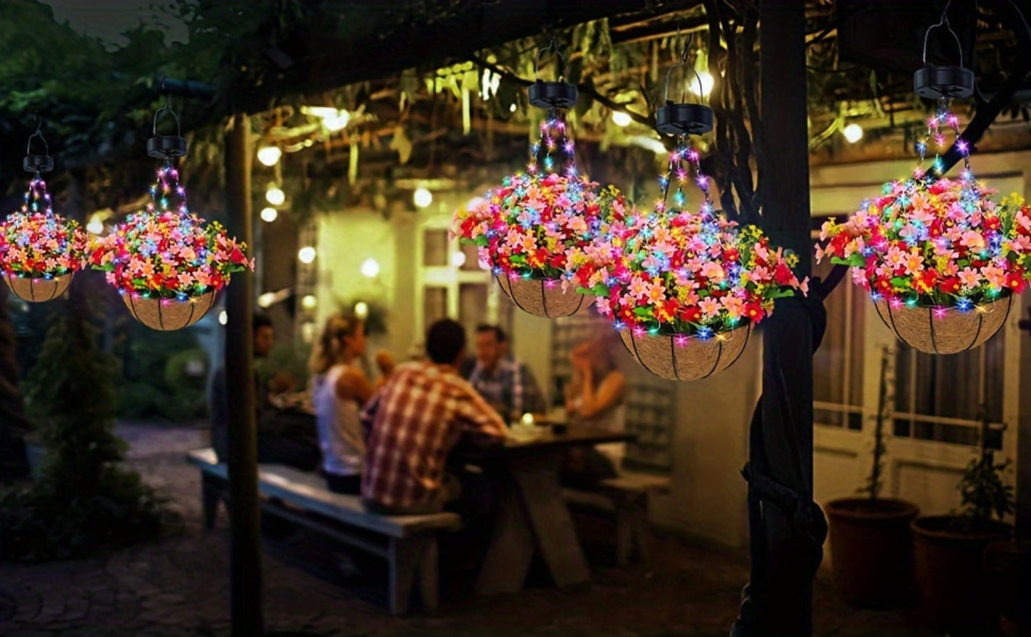 Solar Hanging Flower Basket with RGB String Lights, 10 Inch Artificial Flowers, Dusk-to-Dawn Auto On