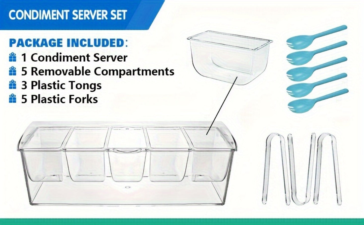Bar Serving Tray on Ice with 5 Compartments & Lid, Garnish Condiment Platter with 5 Forks & 3 Pliers