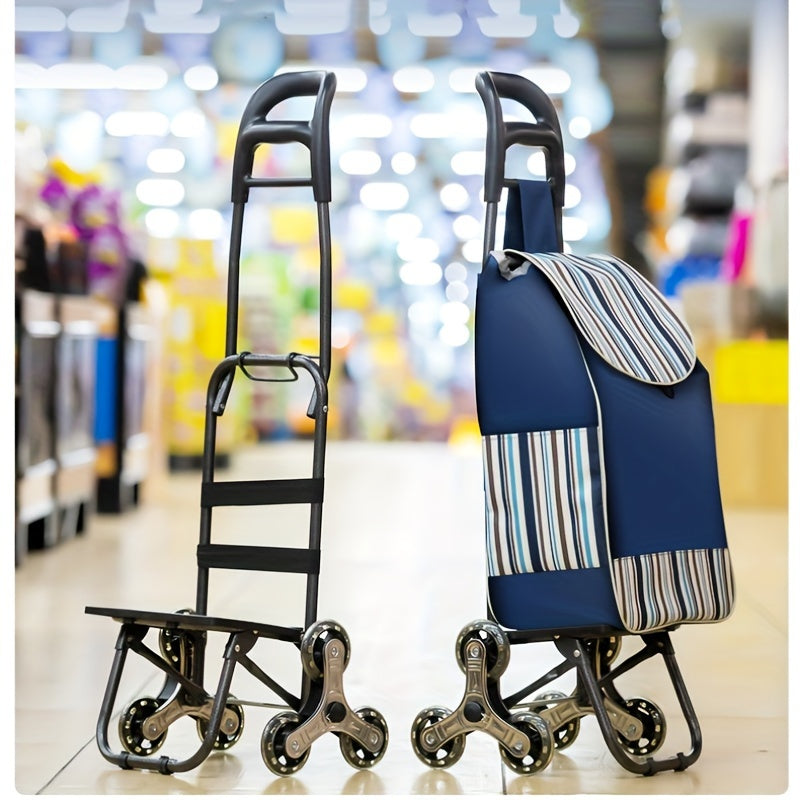Stair Climbing Shopping Cart with Detachable Hand Truck, Foldable Grocery Trolley with Spacious Polyester Bag for Home Market Transport