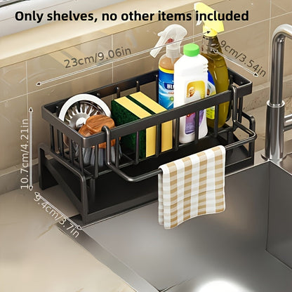 Kitchen Sink Organizer Sponge Holder with Self-Draining Tray Removable Rag Rod Carbon Steel for Home Cooking, Dining and Outdoor Meals