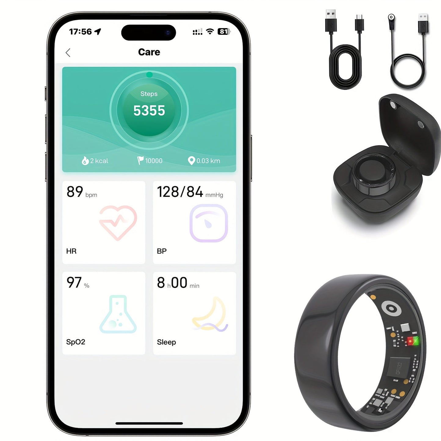 Smart Ring with Health Tracking & Charging Case – Step Count Calorie & Sleep Monitor | Long Battery | iOS & Android | Sizes #7–13 | Black