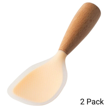 Silicone Rice Spatula Serving Spoon 2 Pack Wooden Handle Heat Resistant Durable Standing for Home Cooking, Dining and Outdoor Meals