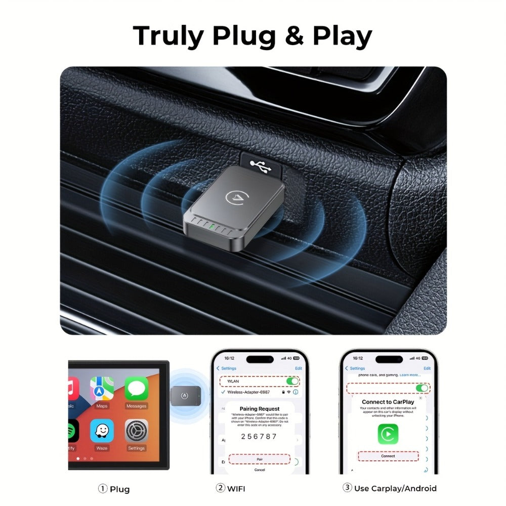 Gray Dual-System Wireless CarPlay and Android Auto Adapter with USB-A Plug and USB-C Adapter