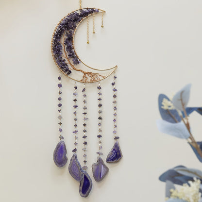 Dreamcatcher Moon Suncatcher Wall Hanging, Handmade Boho Wind Chime Pendant for Indoor Outdoor Garden