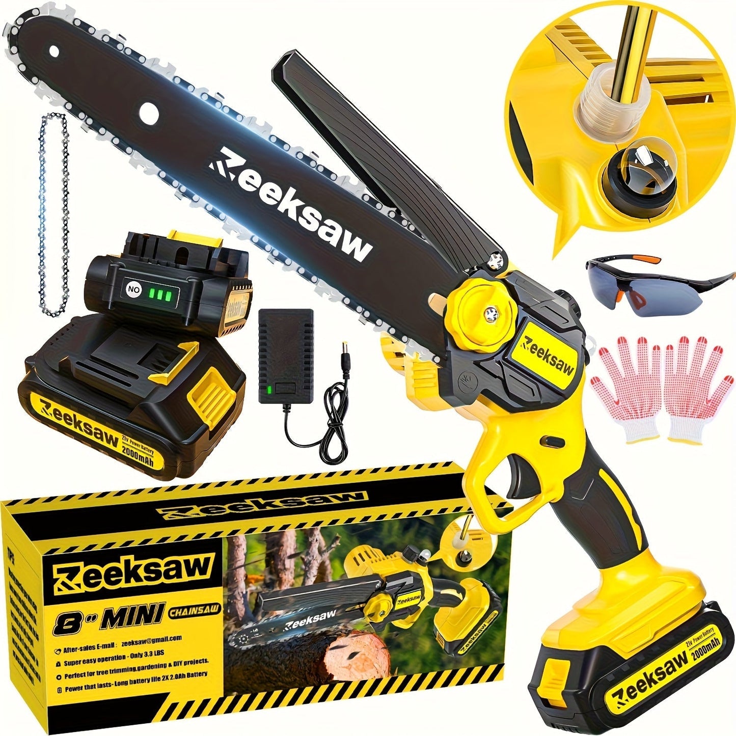 Cordless Mini Chainsaw 8 Inch with 2x2.0Ah Batteries & Charger, Auto Oiler, Chain Tensioning, 26ft/s Speed for Tree Branches & Yard Work