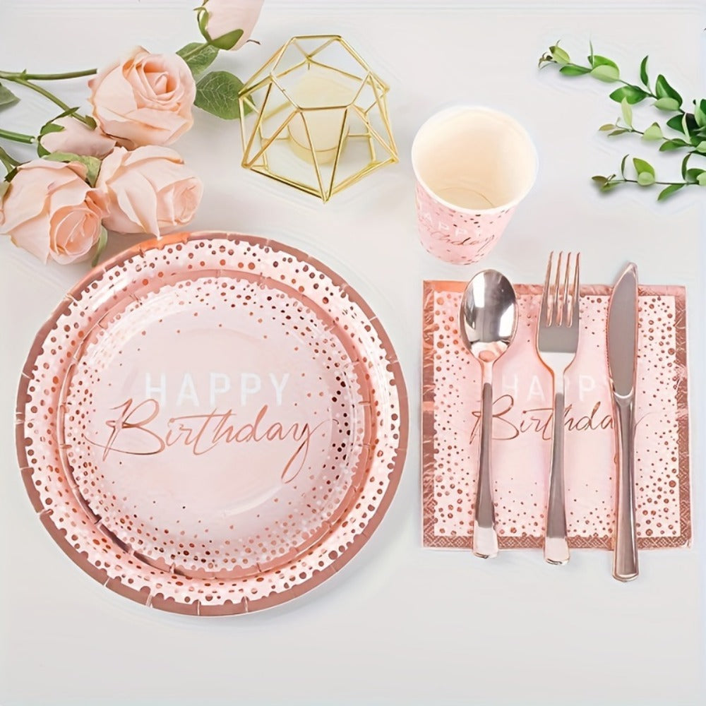 Birthday Party Plates and Napkins Set 175pcs Pink Rose Gold Disposable Tableware Forks Knives for Entryways, Bedrooms and Living Spaces