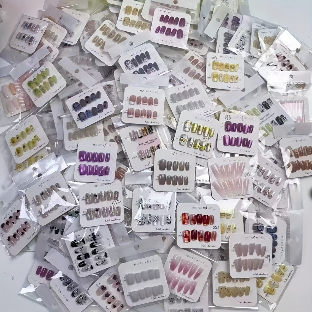 Press On Nails 288-Piece Mixed Square Oval Holiday Set with French Glitter Hearts and Leaves