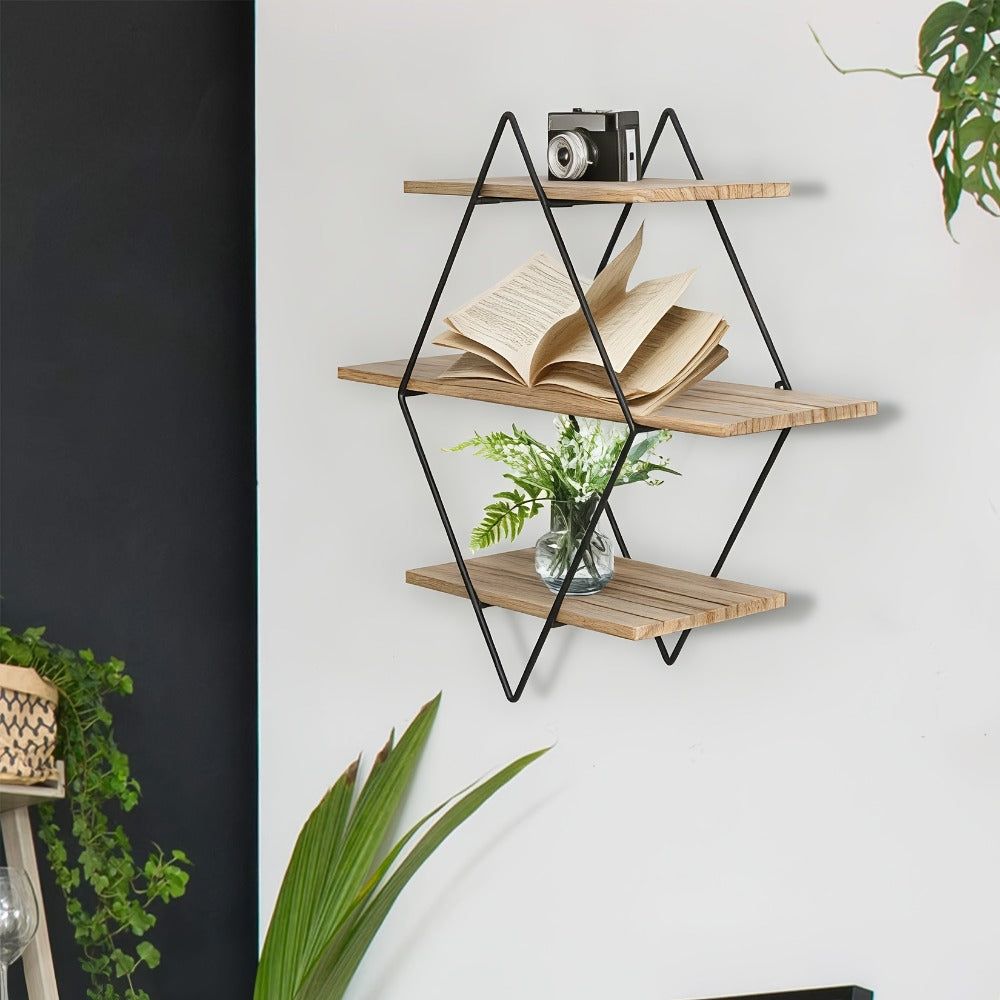 Three-Tier Diamond Wall Shelf with Dark Brown Boards, Black Wire Frame and 50 cm Pictured Height