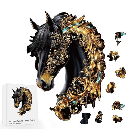 Ornate Horse Silhouette Wooden Jigsaw Puzzle with Gold-Tone Scrollwork in Three Size Options for Display
