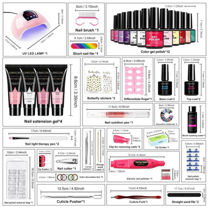 Gel Nail Polish Kit with UV Lamp & Electric Nail Drill – 12 Colors Gel Polish Set, Poly Extension Gel, Top &