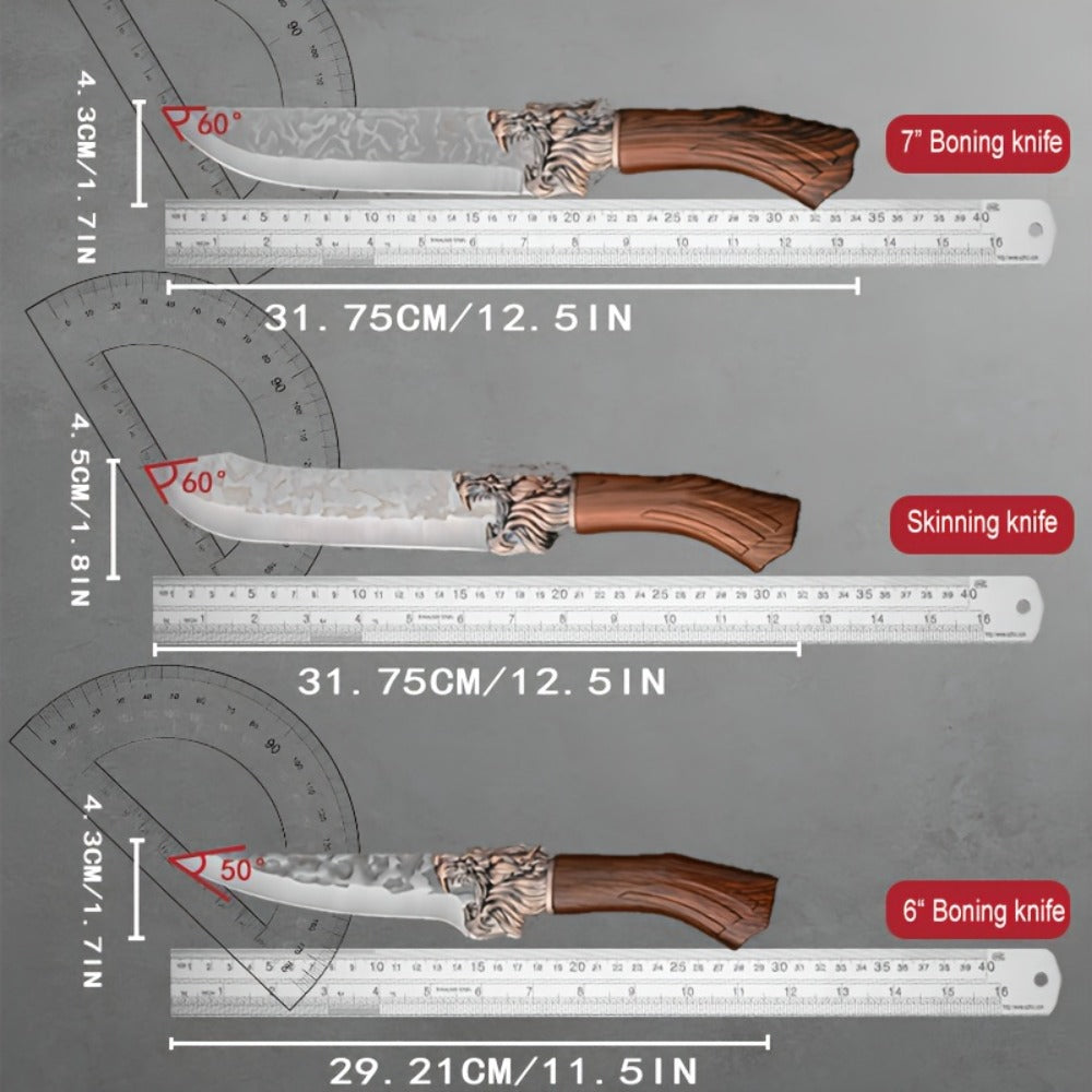 Seven-Piece Kitchen Knife Set with Six Hammered Silver Blades, Scissors and Wood-Look Handles