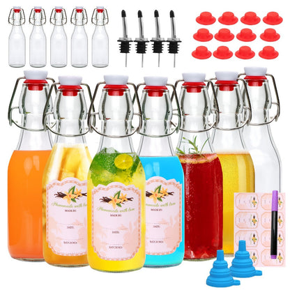 Glass Swing Top Bottles 8.45oz, Round Iron Clasp Airtight Bottle Set with Funnel for Juice, Kombucha