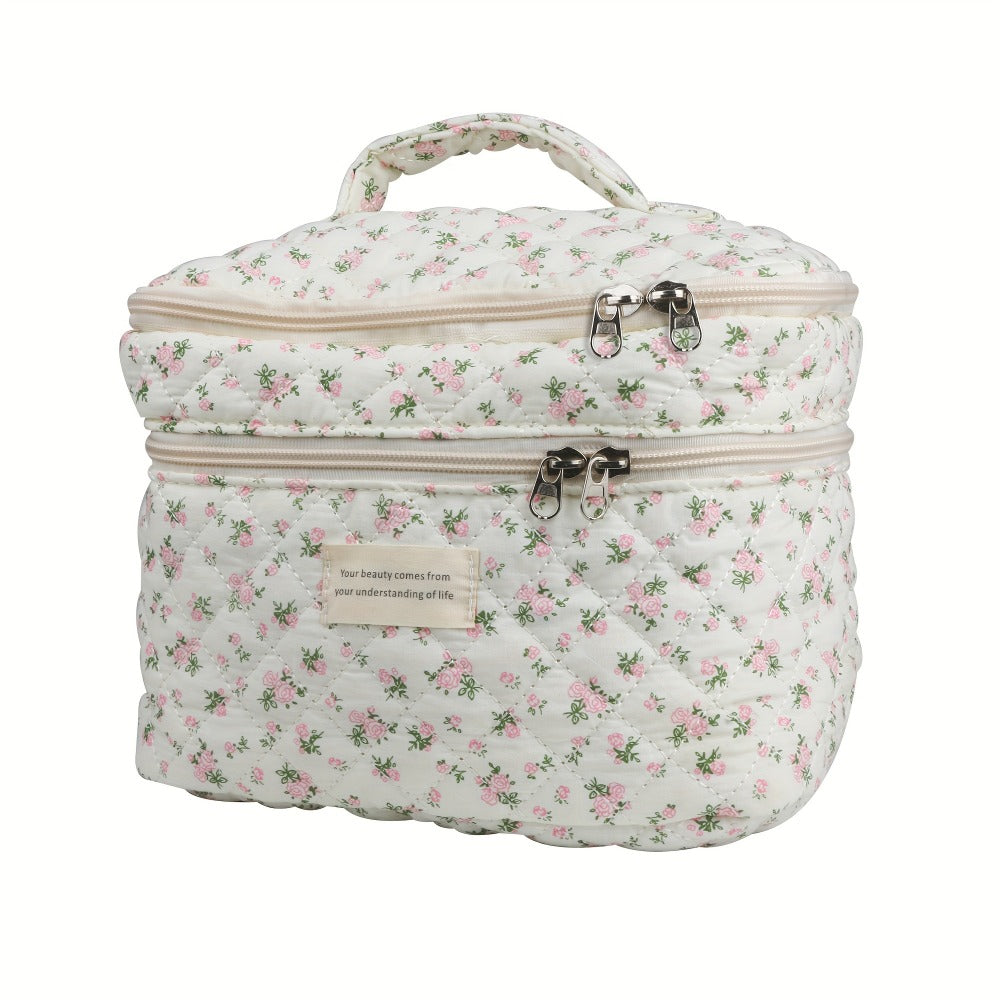 Makeup Bag Three-Piece Quilted Cotton Dual-Layer Floral Pouch Set for Travel, Vanity and Everyday Beauty Storage