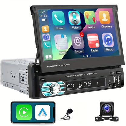 Single Din Car Stereo 7 Inch Flip Out Touchscreen – Wireless CarPlay & Android Auto, 1080P HD, FM Radio, SWC, Voice Control, USB/Type-C/AUX