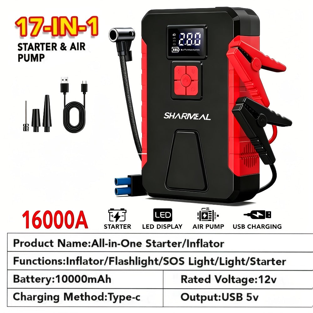 Portable Jump Starter with Air Compressor – 15000A-19000A Peak 350PSI 12V 17-in-1 Car Battery Jump Starter, Digital Display