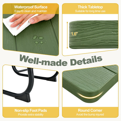 Outdoor Picnic Table 8-Person, Square HDPE Table with 4 Built-in Benches, Umbrella Hole, Metal Frame