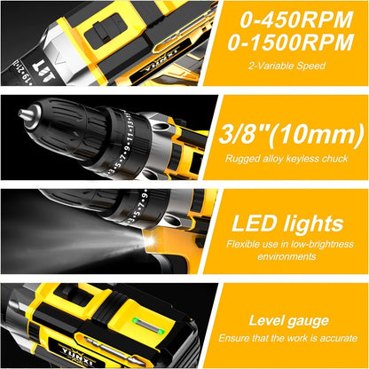 Cordless Impact Drill Set 21V, Electric Power Drill with 2.0Ah Battery, Fast Charger, Screwdriver Bits