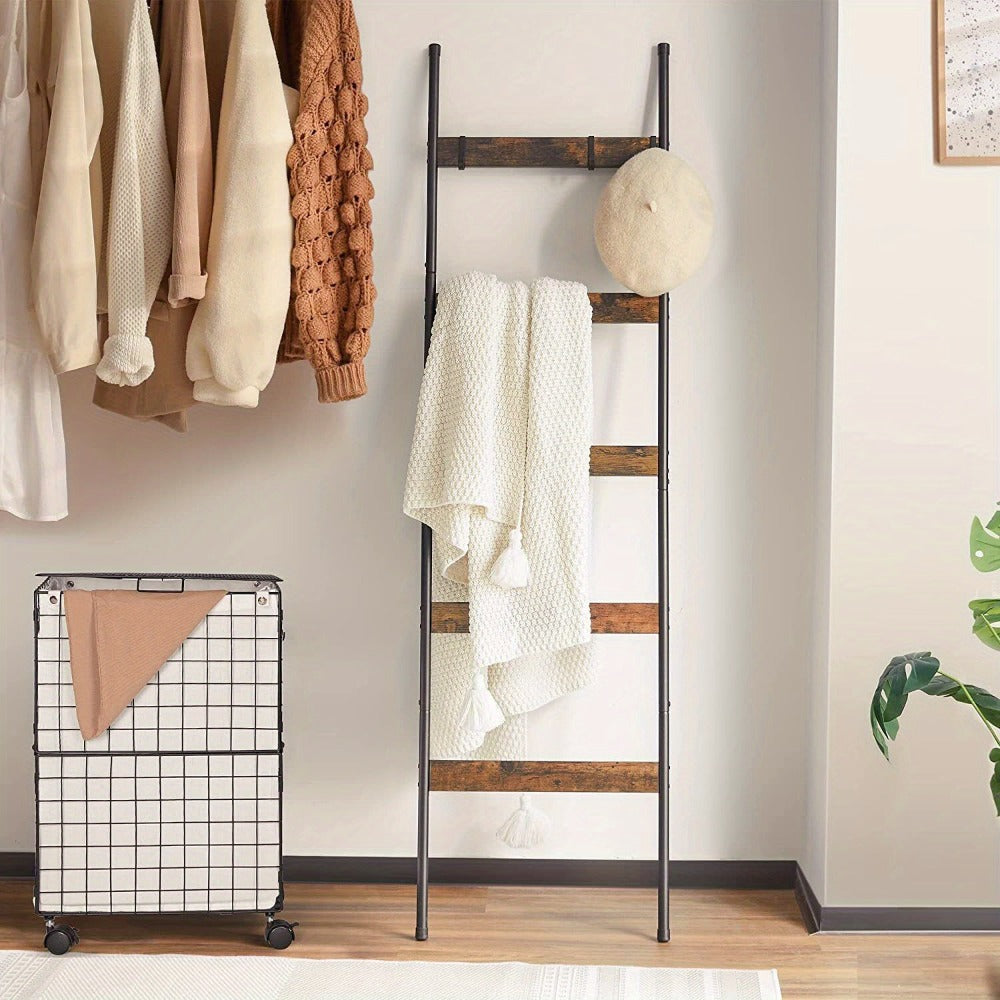Blanket Ladder Storage Organizer 5-Tier Metal Rack with 10 Detachable Hooks in Brown or Black