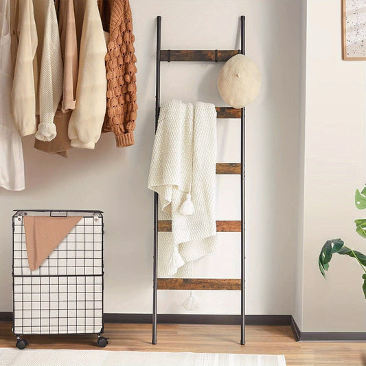 Blanket Ladder Storage Organizer 5-Tier Metal Rack with 10 Detachable Hooks in Brown or Black
