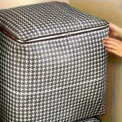 Four-Piece Houndstooth Fabric Storage Box Set with Handles, Double Zippers and Black-and-White Pattern