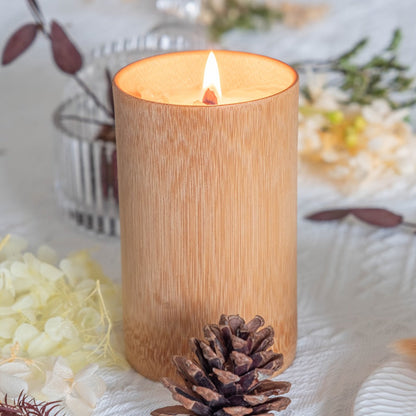 Wood-Wick Candle in Carbonized Bamboo Jar with Fitted Lid, Single-Jar Package and Eight Fragrances