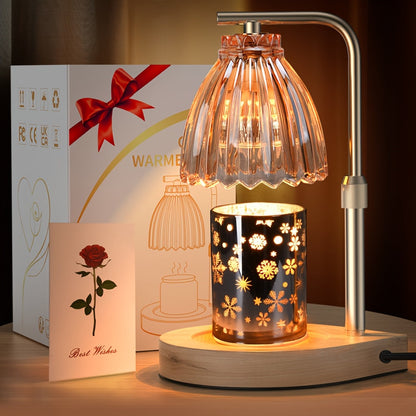 Gold Candle Warmer Lamp with Ribbed Glass Shade, Adjustable Height, Four Brightness Levels and 2/4/8-Hour Timer