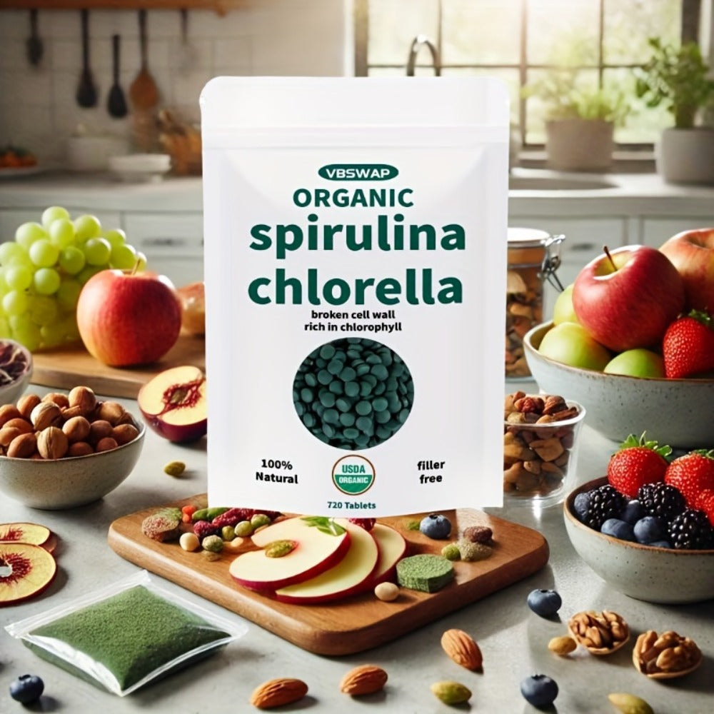 Organic Chlorella & Spirulina Tablets 720 Count, 4 Month Supply, 50/50 Superfood Blend, Cracked Cell Wall