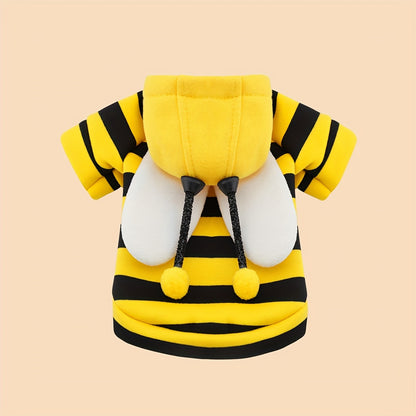 Dog Costume Hoodie Bee Design – Warm Winter Pullover with Black & Yellow Stripes and White Pom-Poms for Small Dogs