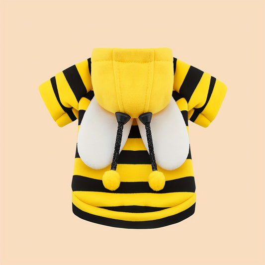 Dog Costume Hoodie Bee Design – Warm Winter Pullover with Black & Yellow Stripes and White Pom-Poms for Small Dogs