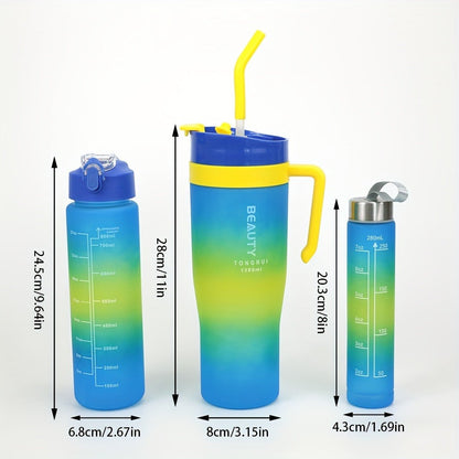 Tumbler Set 3pcs Gradient Color Frosted Plastic Water Cup with Straw Double Drinking Large for Entryways, Bedrooms and Living Spaces