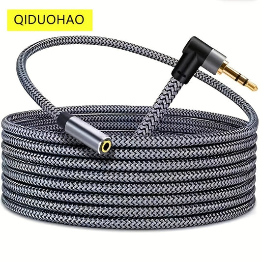 Right-Angle Elbow 3.5mm Female to Male AUX Extension Cable, Tinned Copper Core, Round Tangle-Free Design