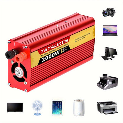 Red 2000W-Labeled Car Power Inverter with 12V Battery Clamp Leads, 110V AC Outlets and Cooling Fan