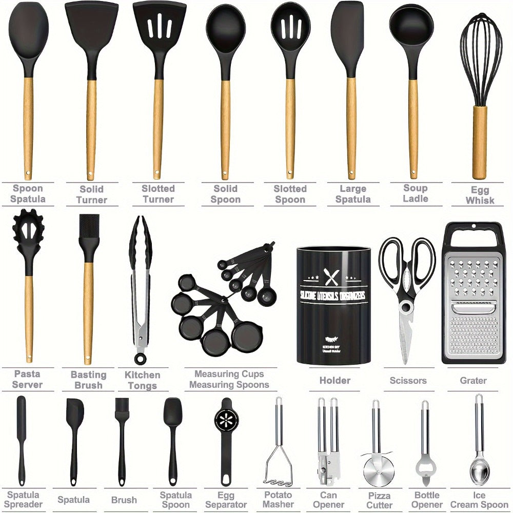 Silicone Kitchen Utensils Set 34-Piece with Holder, Heat Resistant Cooking Spatula Tools for Nonstick Cookware