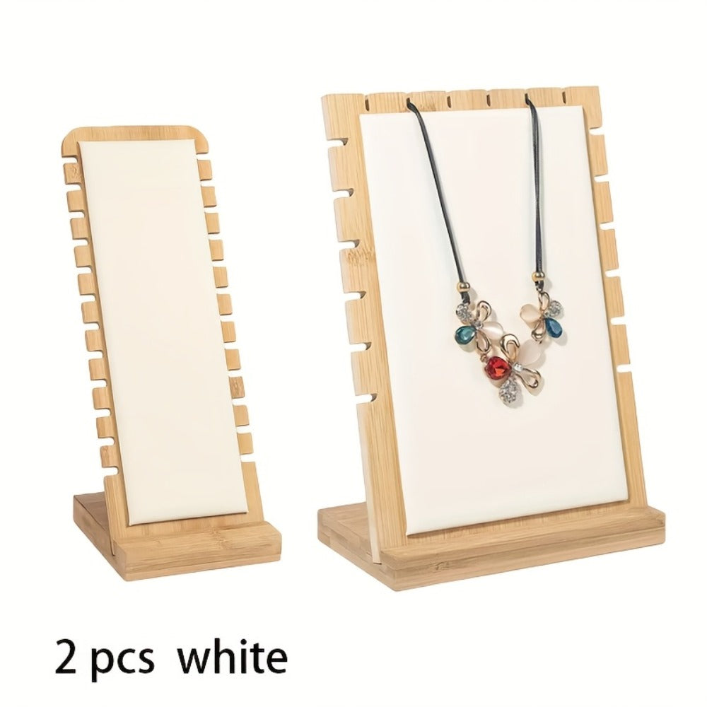 Bamboo Jewelry Necklace Display Stand 2 Pack - Multi-Hook Necklace Holder Tower, Tabletop Showcase Organizer for Retail Store