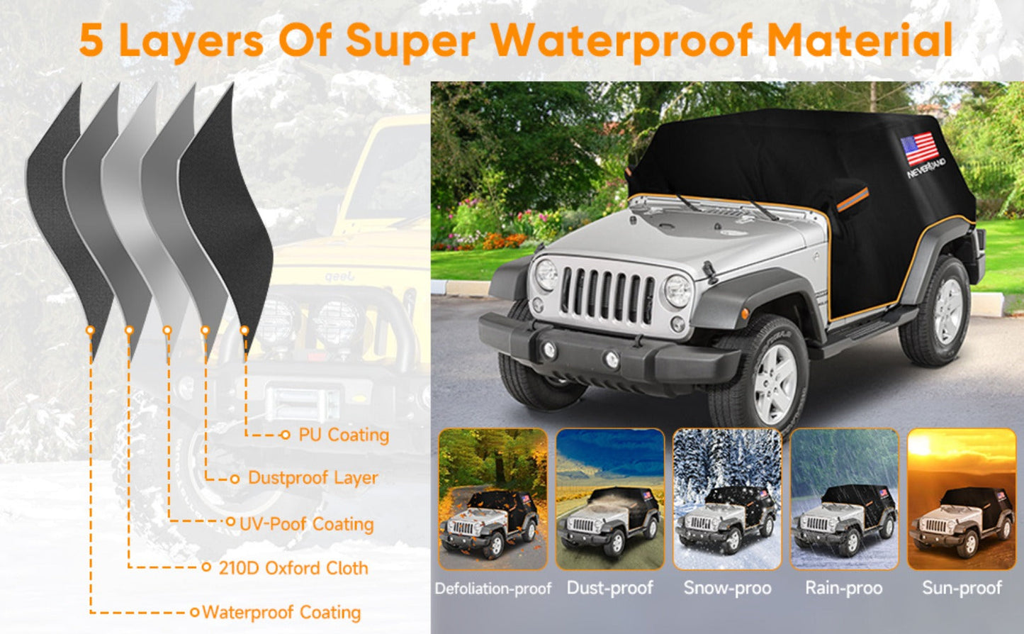 Jeep Wrangler Half Cab Cover in Black 210D Fabric with Reflective Strips, Storage Bag and 2-Door or 4-Door Options