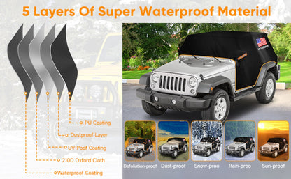 Jeep Wrangler Half Cab Cover in Black 210D Fabric with Reflective Strips, Storage Bag and 2-Door or 4-Door Options