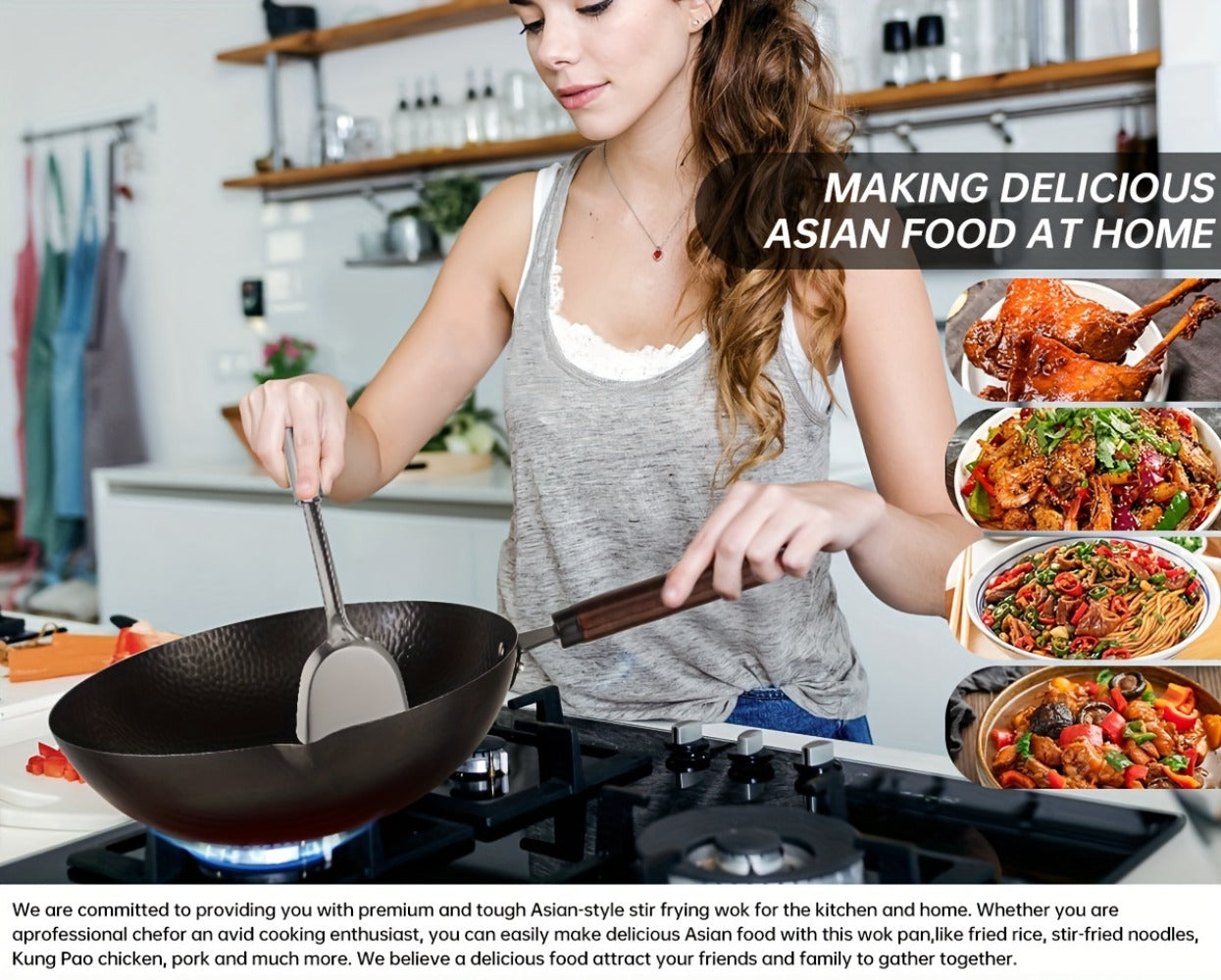 Carbon Steel Wok Pan 12.6 Inch with Lid & 10 Accessories, Uncoated Chinese Stir Fry Wok, Flat Bottom for Electric Induction Gas Stoves