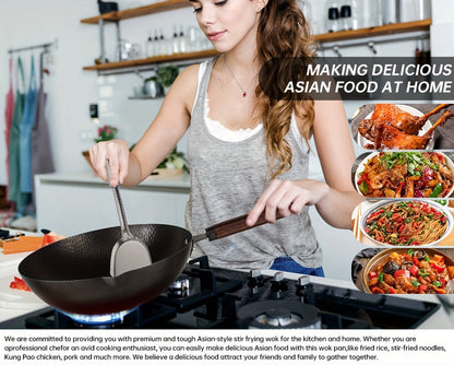 Carbon Steel Wok Pan 12.6 Inch with Lid & 10 Accessories, Uncoated Chinese Stir Fry Wok, Flat Bottom for Electric Induction Gas Stoves