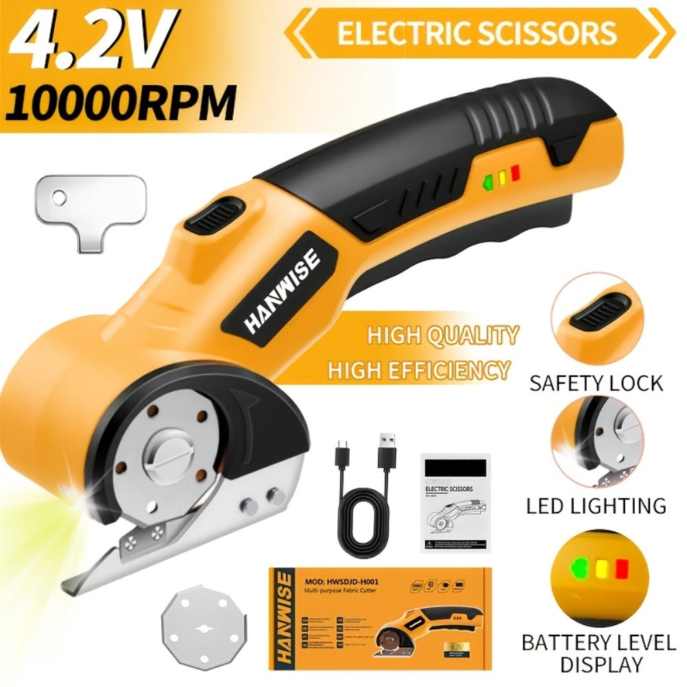 Electric Scissors Cordless 4.2V Rotary Cutter with 2000mAh Battery, 10000 RPM, Safety Lock, LED Light