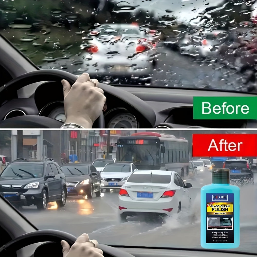 Car Glass Polish by HEXIBII, 150ml Oil-Film Cleaner Compound with Two Sponge Applicators for Windshields