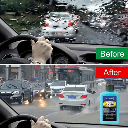 Car Glass Polish by HEXIBII, 150ml Oil-Film Cleaner Compound with Two Sponge Applicators for Windshields