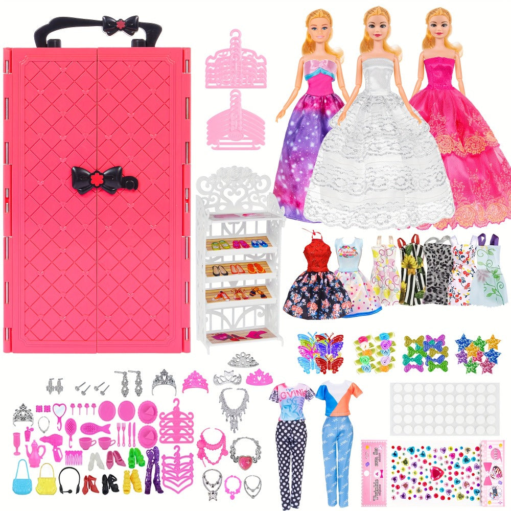 Fashion Doll Wardrobe Set 140pcs for 11.5 Inch Dolls, Deluxe Closet with Wedding Dress, Evening Gowns