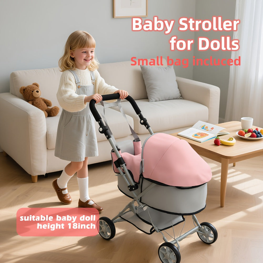 Foldable Doll Stroller with Adjustable Handle 39-68cm, Grey & Pink Baby Doll Pram for 16-20 Inch Dolls