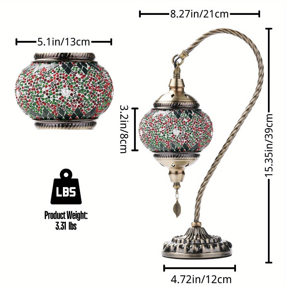 Table Lamp with Swan-Neck Mosaic Glass Shade, Metal Base, Six Color Options and Three White-Light Modes