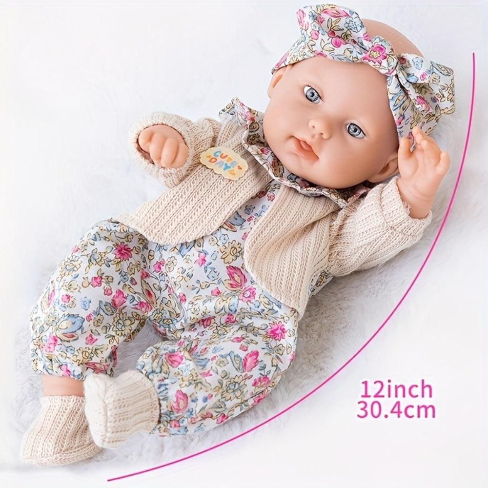 Floral Dress Baby Doll 12 Inch with Rabbit Plush Toy Gift Set, Realistic Vinyl Doll with Floral Outfit