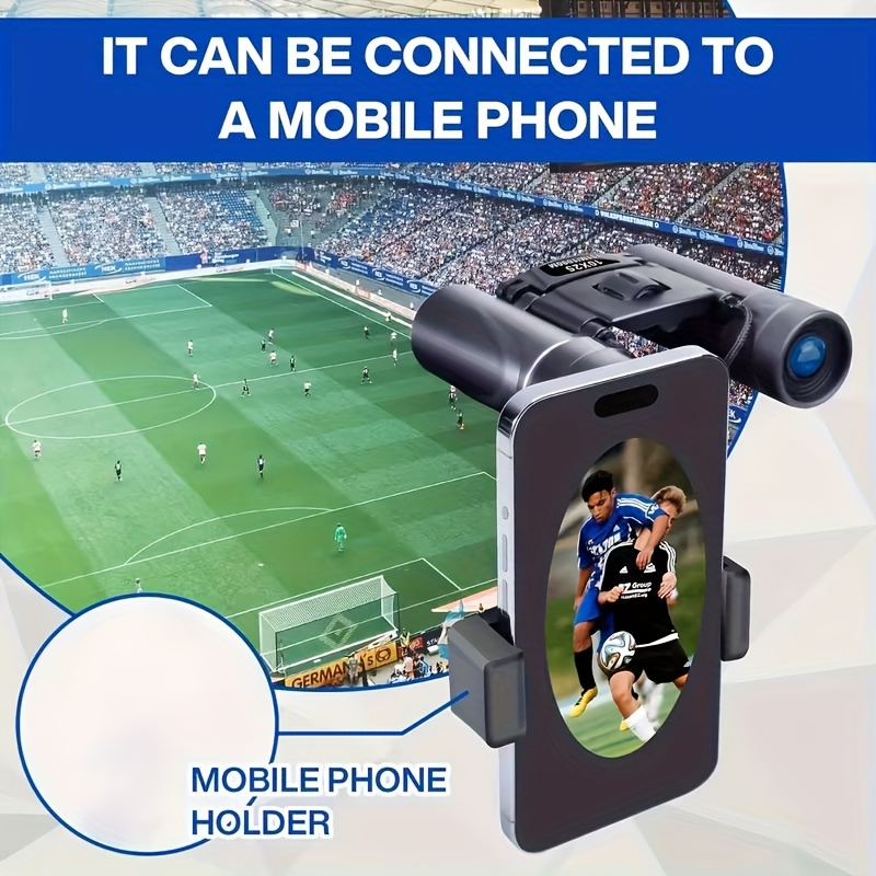 Compact 10x25 Pocket Binoculars with Smartphone Adapter, Center Focus and Folding Body in Black
