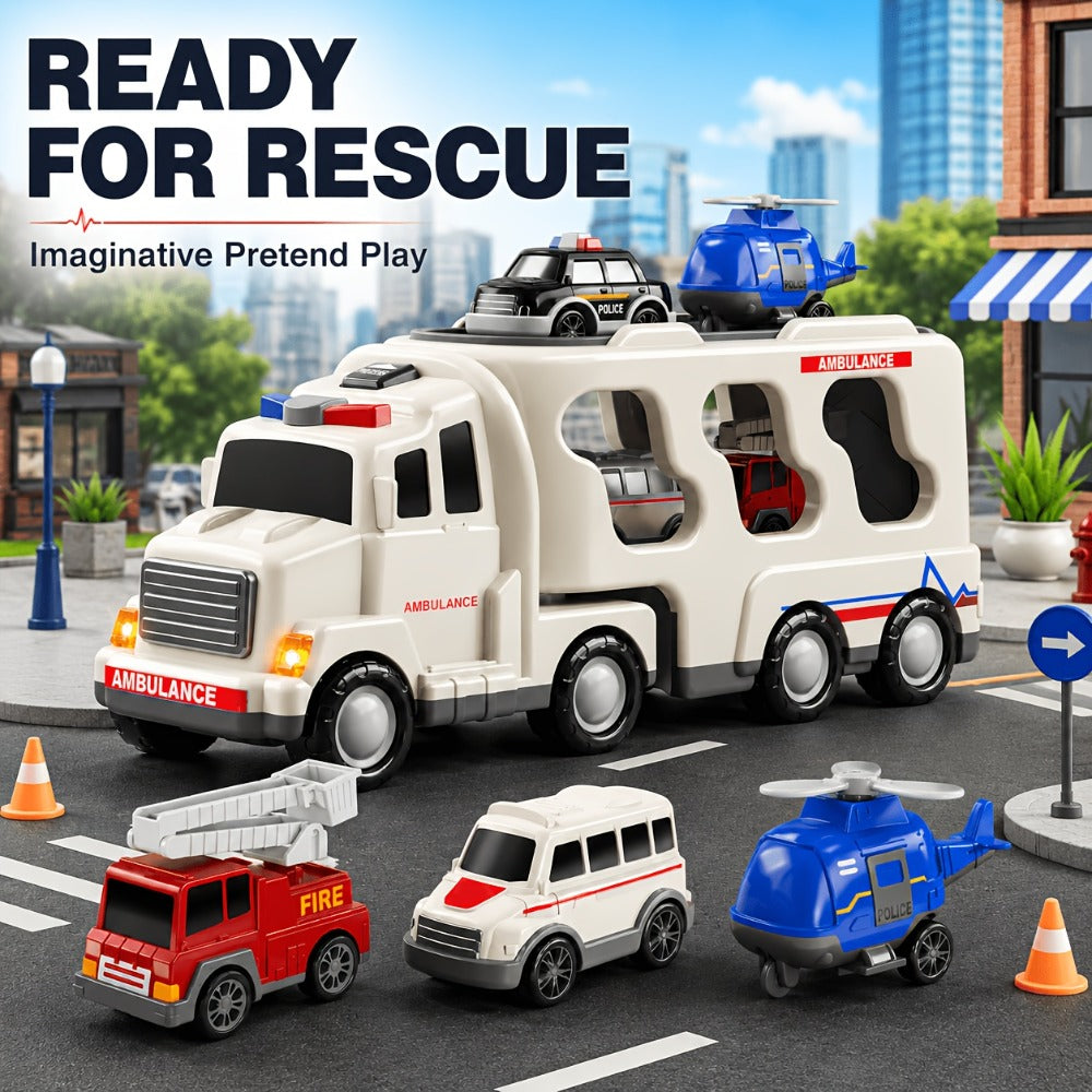 Ambulance Carrier Truck Toy Set 5-in-1 with Light & Sound for Kids Ages 3-8 with the Listed Color, Size or Set Options for Everyday Use