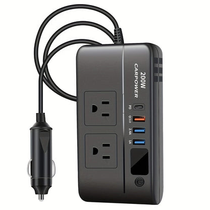 200W Car Power Inverter DC 12V to AC 110V with USB-C PD 20W & QC3.0 Fast Charging for Garden, Patio and Yard Use