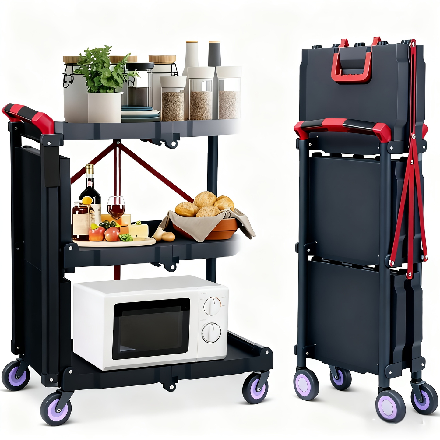 3-Tier Rolling Cart Collapsible Service Utility Cart on Wheels, Portable Folding 3 Shelf Cart for Kitchen Office Garage Workshop